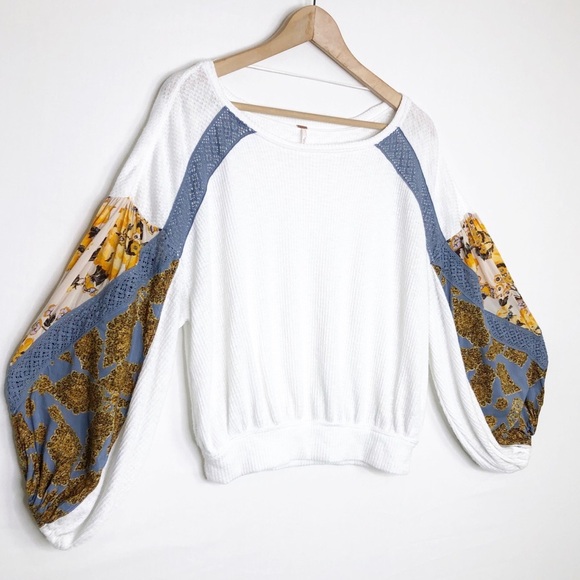 Free people, clash thermal Boho Chic White Blouse with Floral Sleeves - Picture 7 of 12